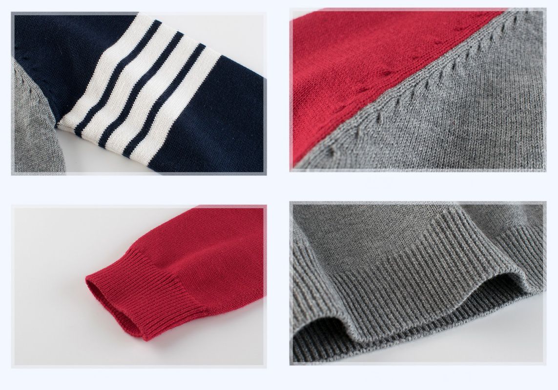 純棉針織長袖毛衣-撞色條紋-藍灰