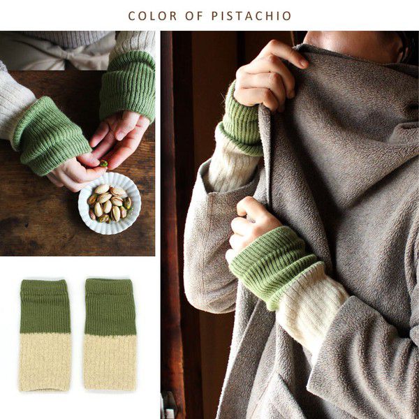 日本女裝代購 - 日本製 羊毛混絲綢保暖半截手套-撞色-橘粉x可可 (F)