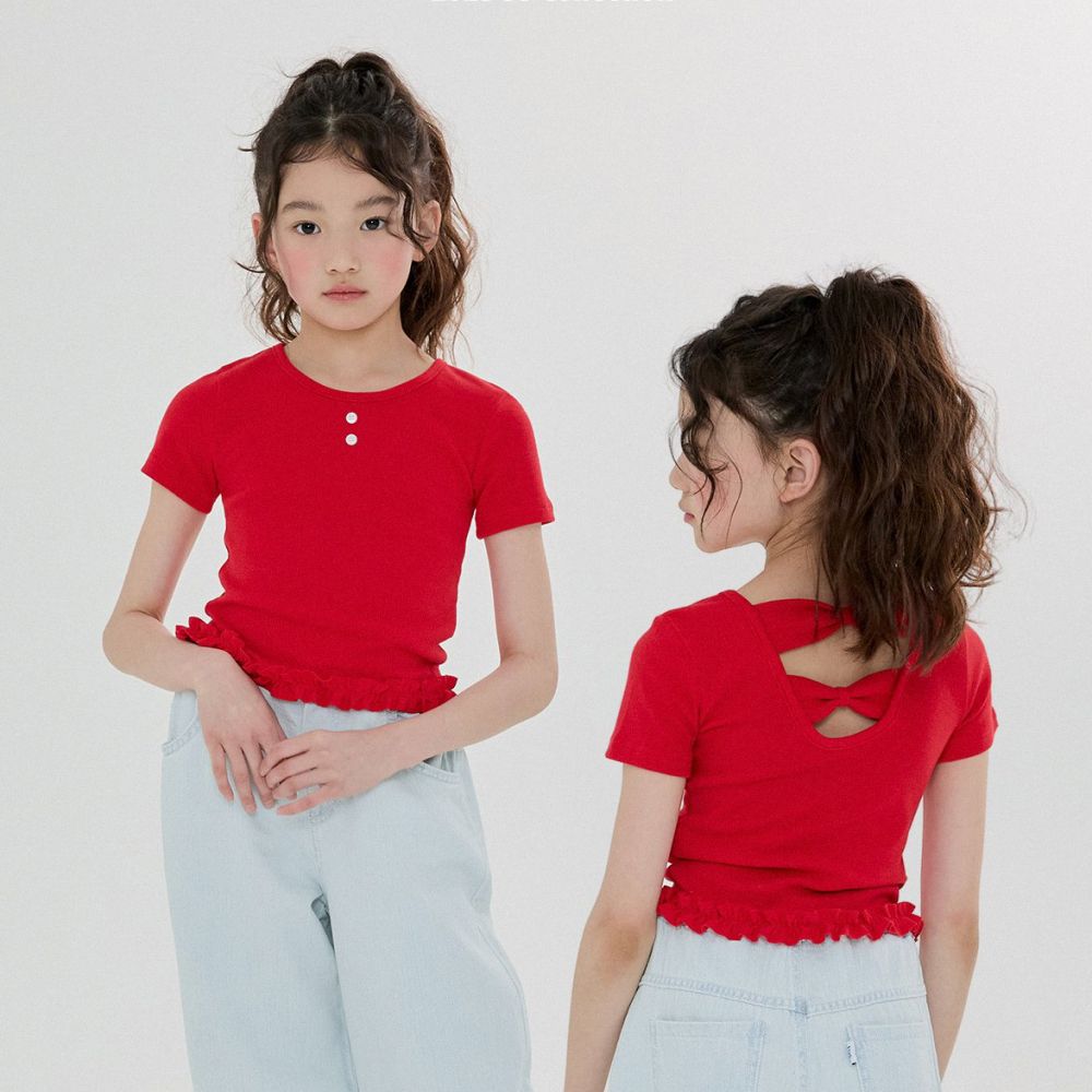 迷人雙蝴蝶結挖背短袖上衣-紅