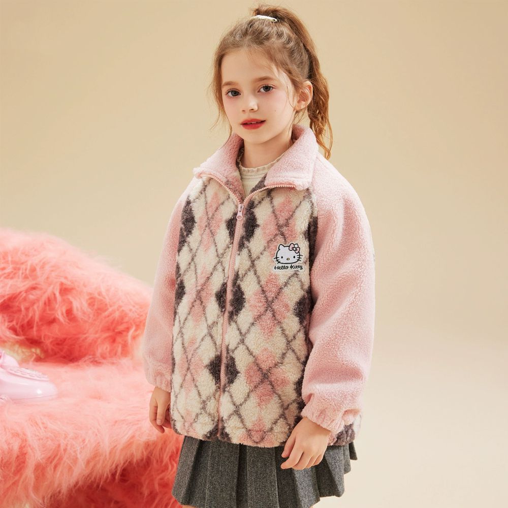 撞色菱格保暖毛毛鋪棉外套-卡通人物Hello Kitty-粉色