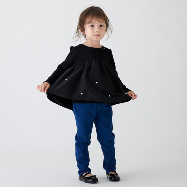 日本 petit main - 珍珠點綴傘狀拼接長袖上衣-淺粉