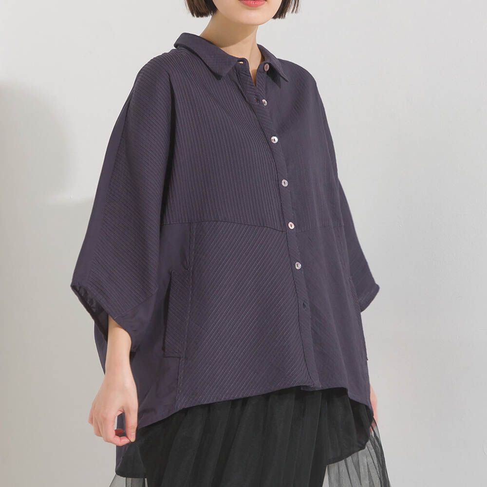 100%印度棉 柔軟透氣寬袖襯衫(附口袋)-炭黑