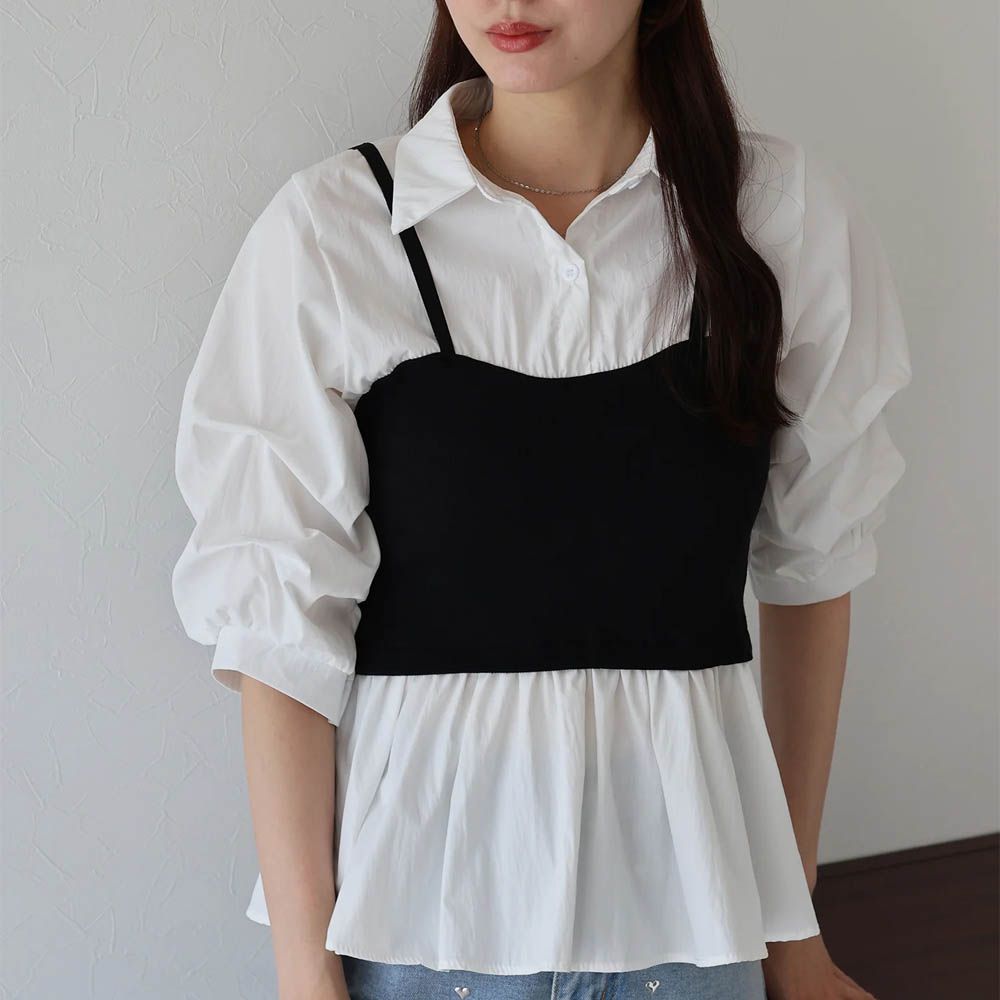 假二件俐落時尚疊穿五分袖上衣-黑x白