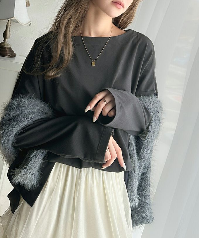 日本 Classical Elf - 一字領寬鬆落肩長袖T恤-炭灰