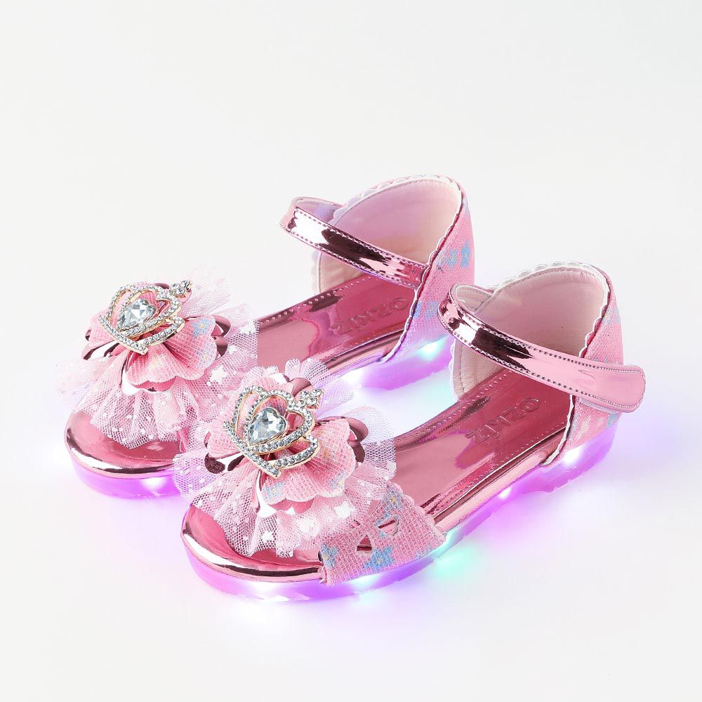韓國 OZKIZ - (LED)王冠鑽網紗蝴蝶結涼鞋-粉
