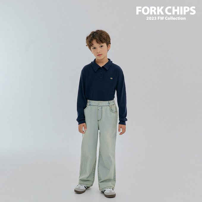韓國 FORK CHIPS - 金屬裝飾直坑條翻領長袖上衣-深藍