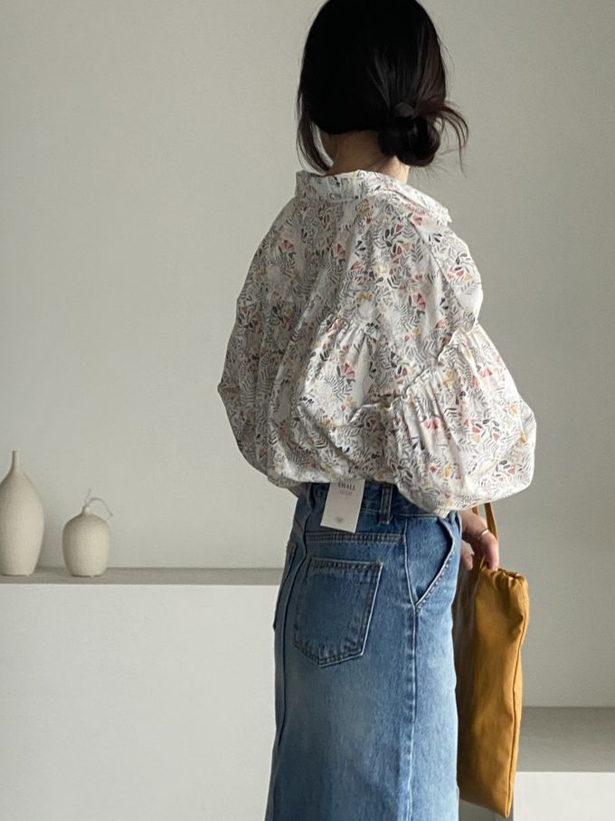 韓國女裝連線 - 花草圖樣翻領拼接長袖襯衫-象牙白 (FREE)