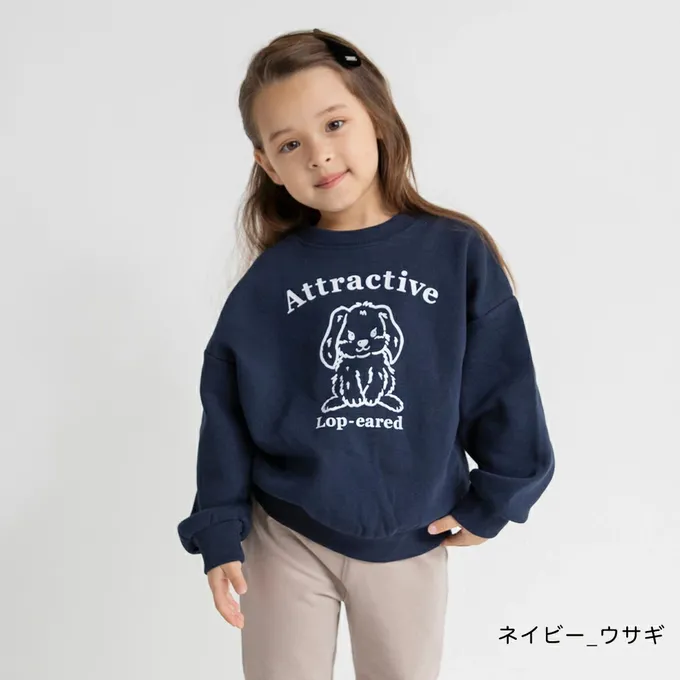 日本 BRANSHES - 裏起毛 可愛女孩縮口長袖上衣-兔子-海軍藍