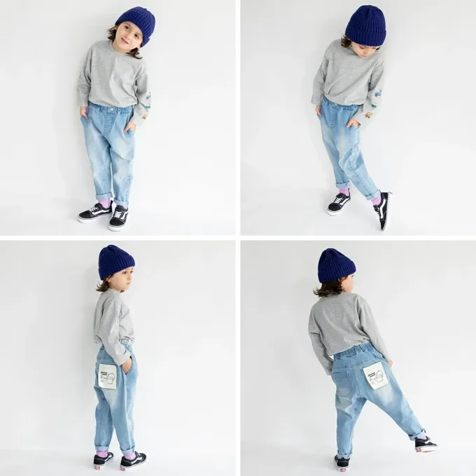 日本 BRANSHES - 鬆緊好動錐形園丁牛仔褲-雨霧藍