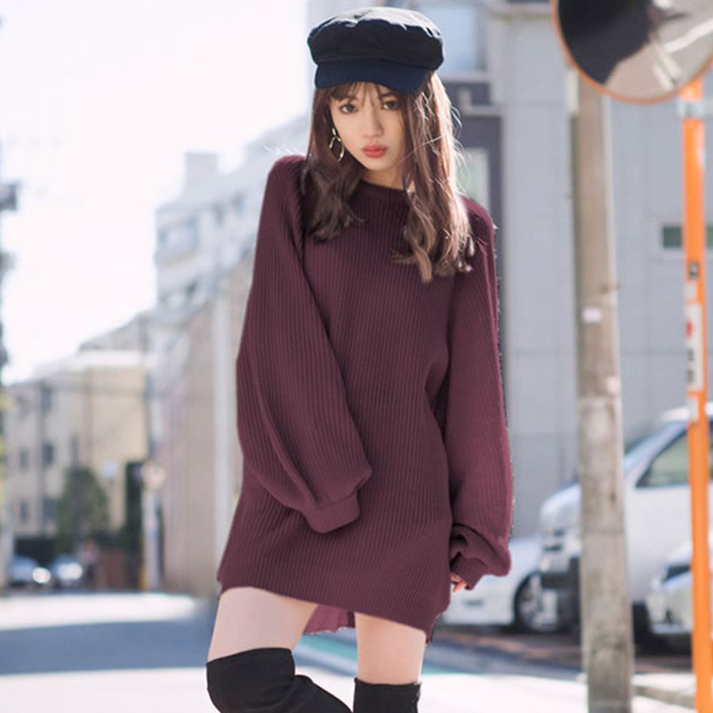 日本 GRL - 寬鬆短版針織長袖洋裝-酒紅 (F)