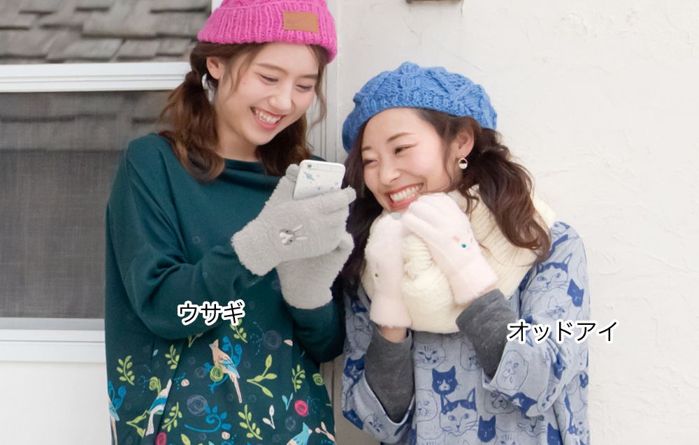 日本 TOMO - (大人)可觸控可愛動物毛絨保暖手套-小灰貓-粉紅