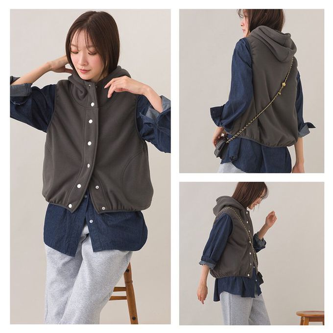 日本 OMNES - 裏起毛保暖短版運動風連帽背心-咖啡