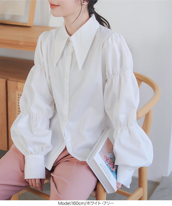 日本 Kobe Lettuce - 成熟造型領澎澎氣球袖襯衫-直條紋-藍