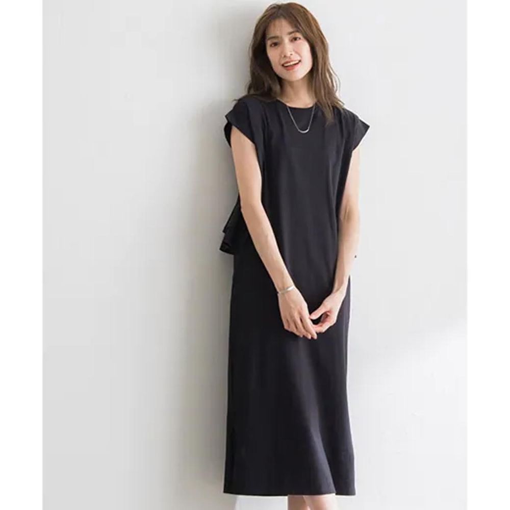 日本 BELLUNA - 純棉舒適圓領荷葉點綴長洋裝-黑