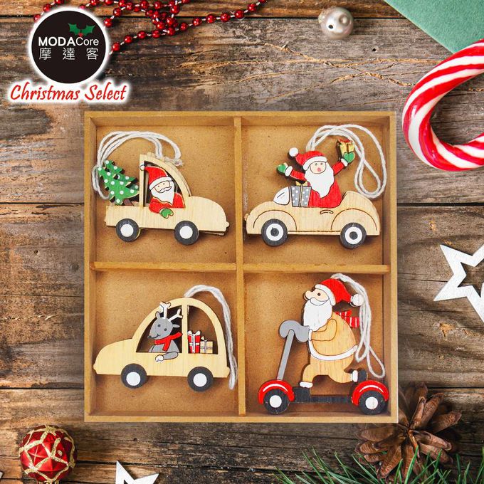 MODACore 摩達客 - 摩達客耶誕-Q版小汽車車木質彩繪(單面)吊飾-聖誕老公公+麋鹿混款16入(8入*2盒裝)