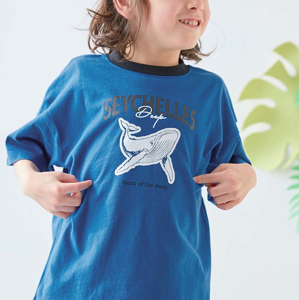 純棉動物線條印花短袖上衣-鯨魚-經典藍