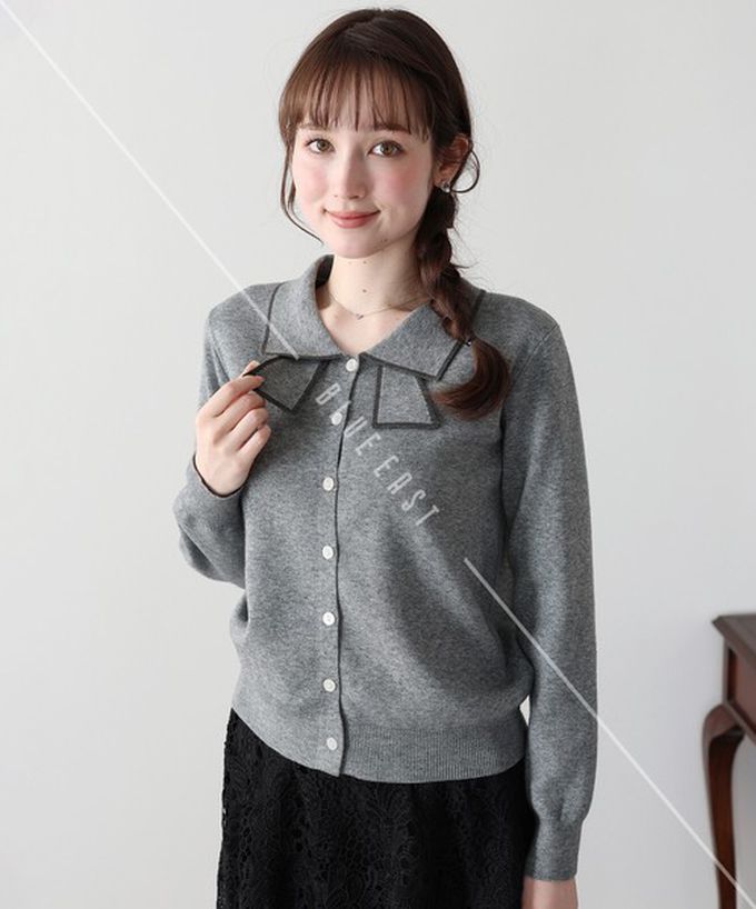 日本 BLUE EAST - 甜美蝴蝶結勾邊領針織上衣開襟衫-海軍藍 (M)