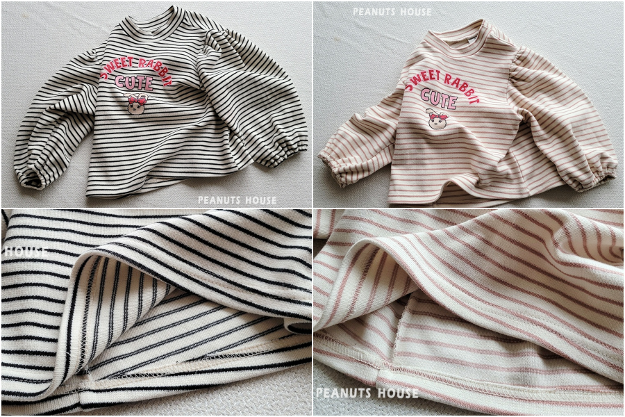 韓國 Peanuts House - SWEET兔條紋澎澎長袖上衣-黑