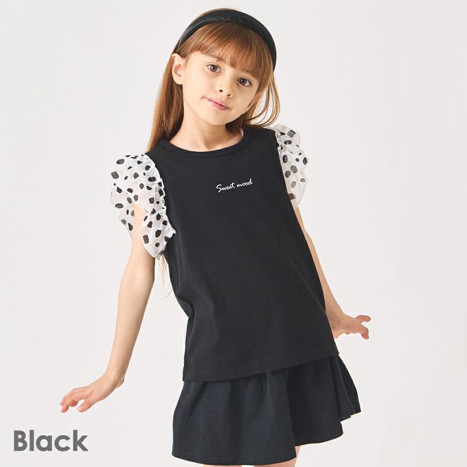 日本 evercloset - 100%棉 點點蕾絲短袖上衣-深灰