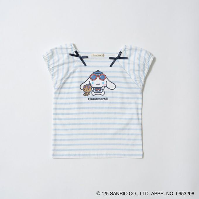 日本 Lycee mine - 100%棉 海洋風法式澎袖上衣-卡通人物大耳狗-紅白條紋