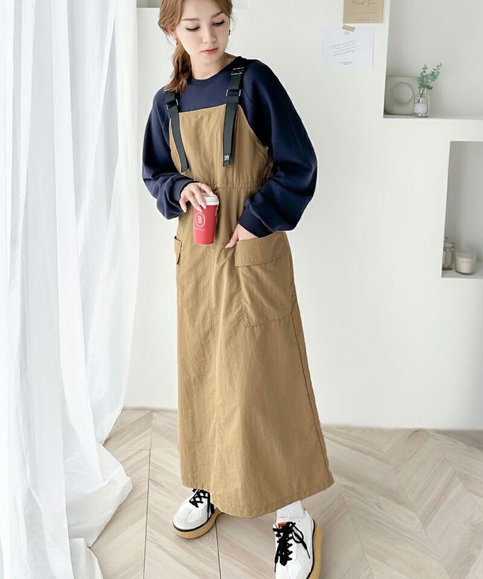 日本 Classical Elf - Java聯名 美式休閒抽繩吊帶裙-卡其