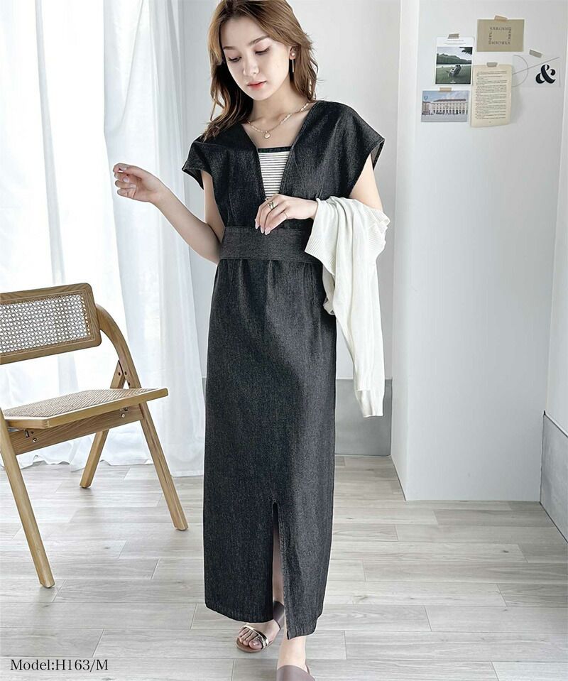 日本 Classical Elf - 丹寧前綁帶V領設計背心裙-黑