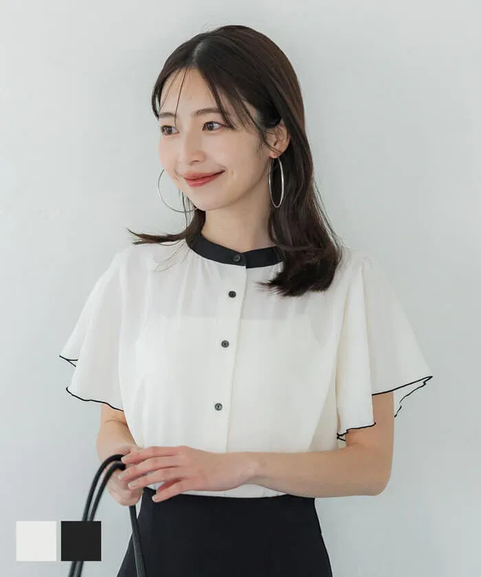 日本 COCA - 簡約撞色雪紡荷葉短袖襯衫-白