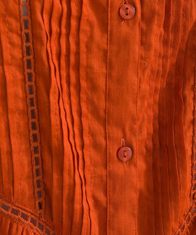 日本 Lupilien - 100%印度棉 細緻鏤空蝴蝶結短袖洋裝-磚橘