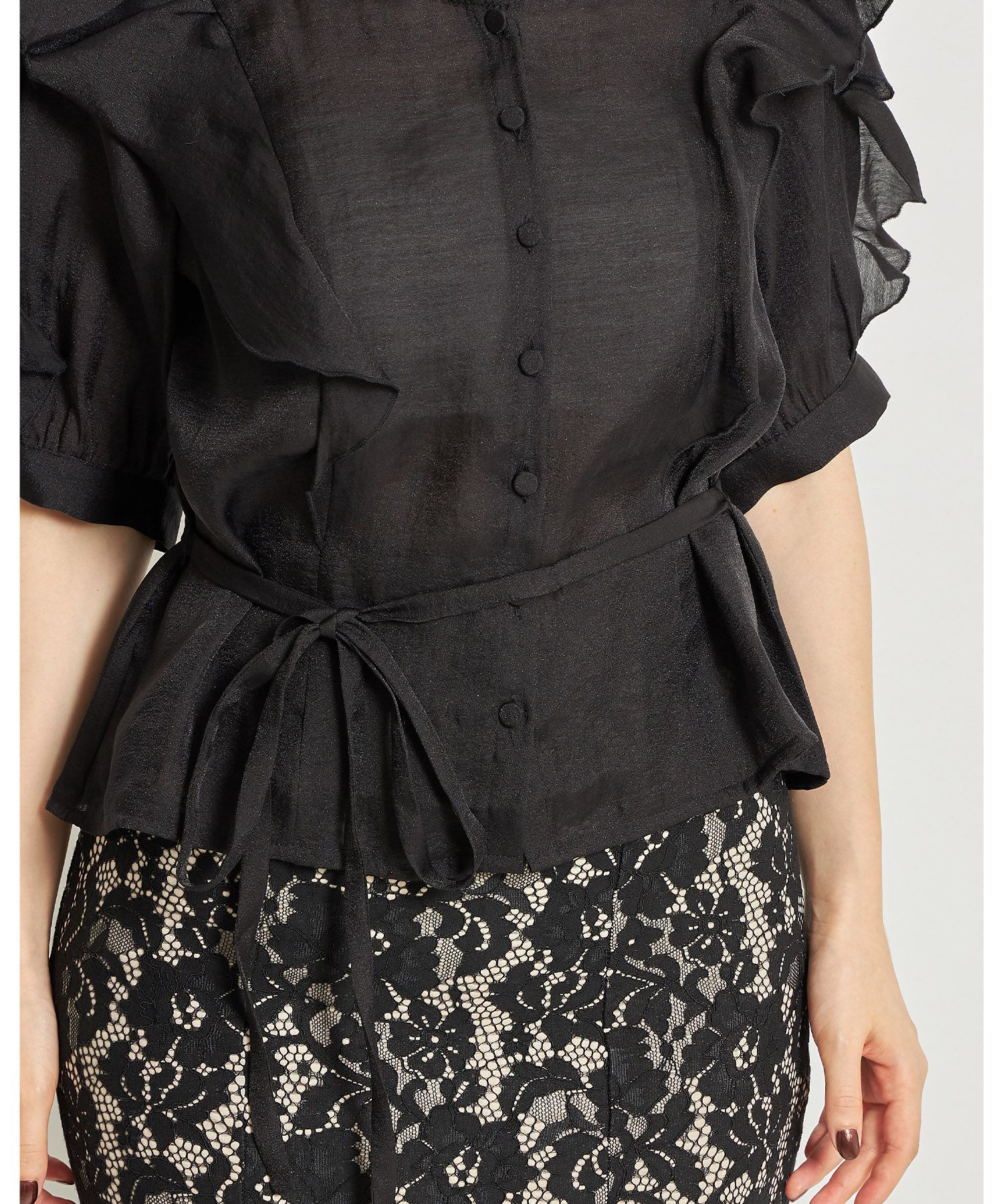 日本 tocco-closet - 優雅光澤感綁帶短袖上衣-星塵粉