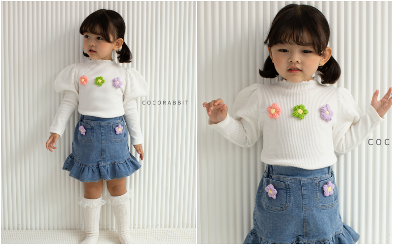 韓國 Coco rabbit - 立體花花卷卷領公主袖針織T-灰