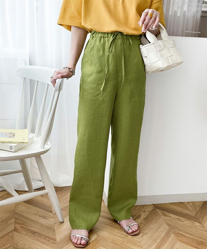 日本 Classical Elf - 100%亞麻透氣垂墜感抽繩寬褲-藍綠