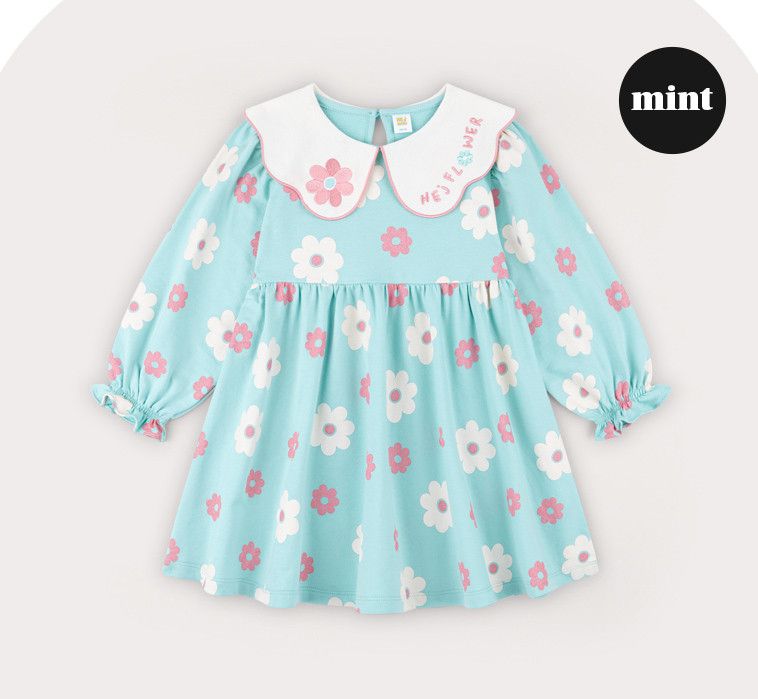 韓國 HEJMINI - 花瓣領粉白花朵泡泡袖洋裝