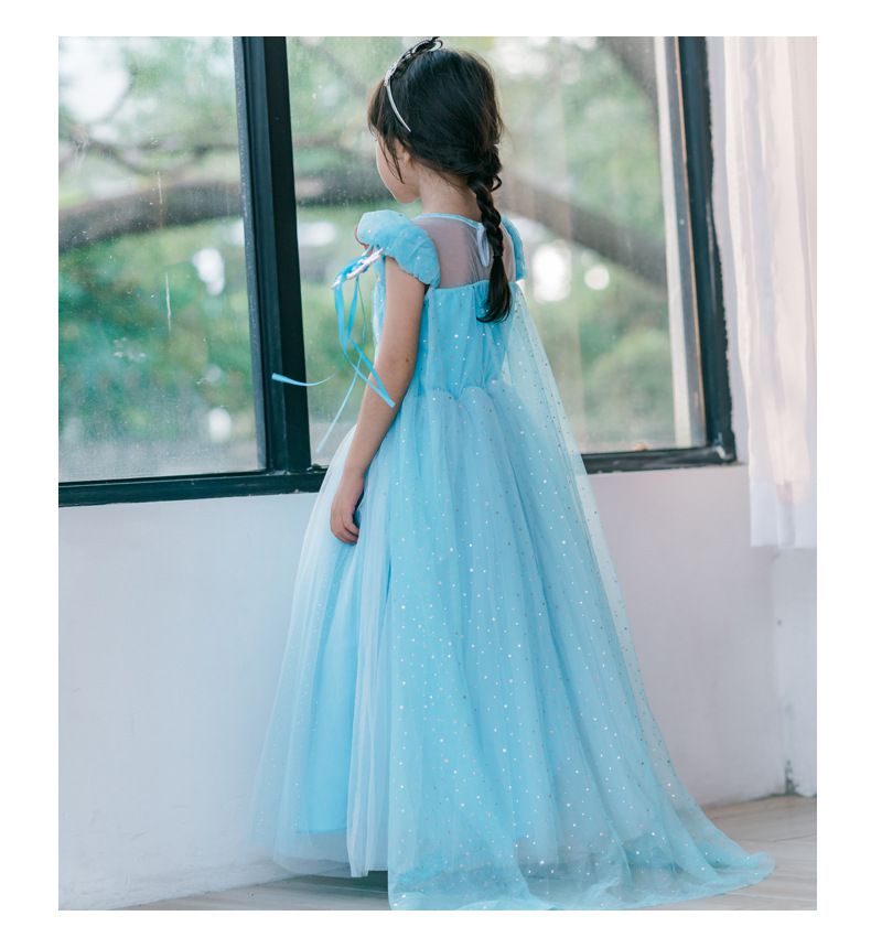 披肩薄紗短袖洋裝-藍色