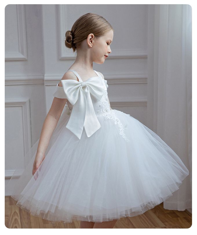 畢業婚禮歐美氣質立體蝴蝶結肩帶平口純白紗小禮服