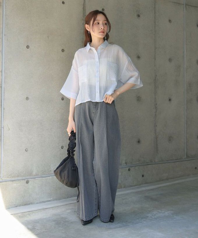 日本 Bab - 透膚感清爽短版五分袖襯衫-水藍 (M)