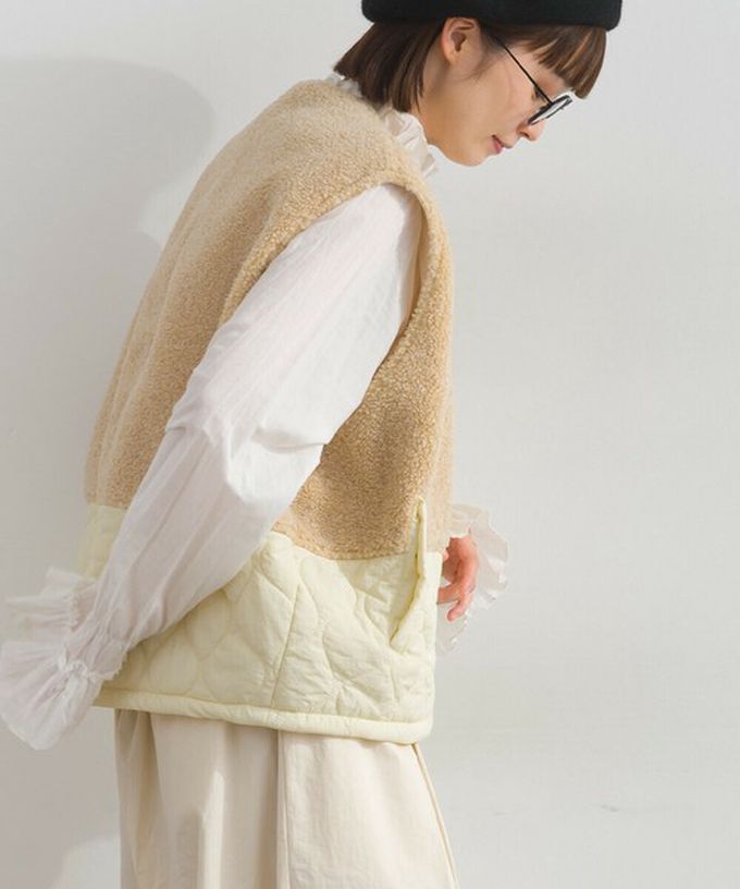 日本 Lupilien - 文青風異素材毛絨拼接保暖背心-炭灰