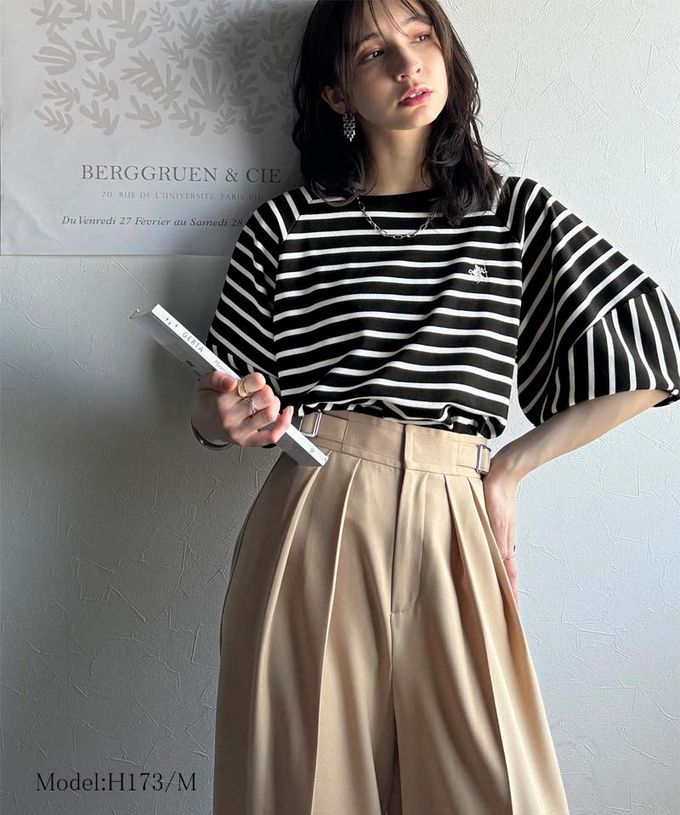 日本 Classical Elf - 定番條紋logo刺繡燈籠短袖上衣-白底