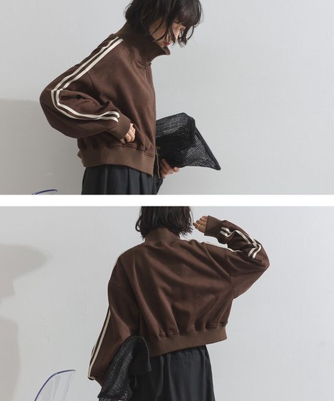 日本 ELENCARE DUE - 麂皮短絨休閒配色運動風夾克-炭黑x米杏領