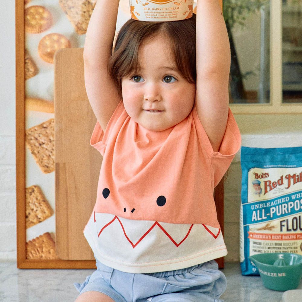 可愛鯊魚臉臉短袖上衣-粉橘