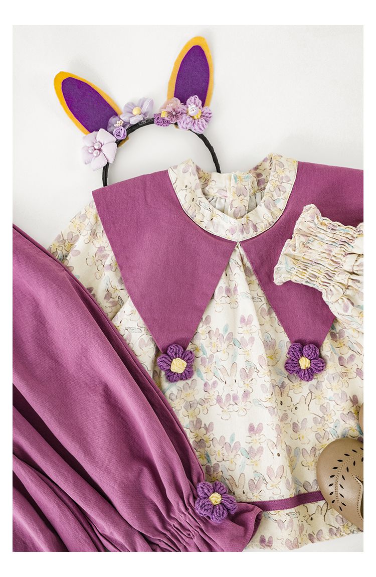 腰鬆緊束口花苞長褲-兔子與花-杏色