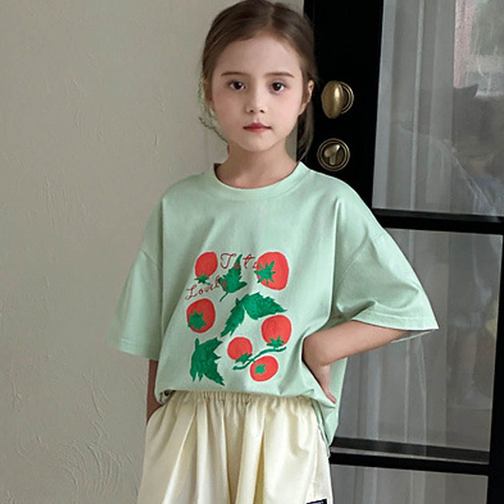 涼感圓領落肩短袖上衣/T恤-小番茄-淺綠