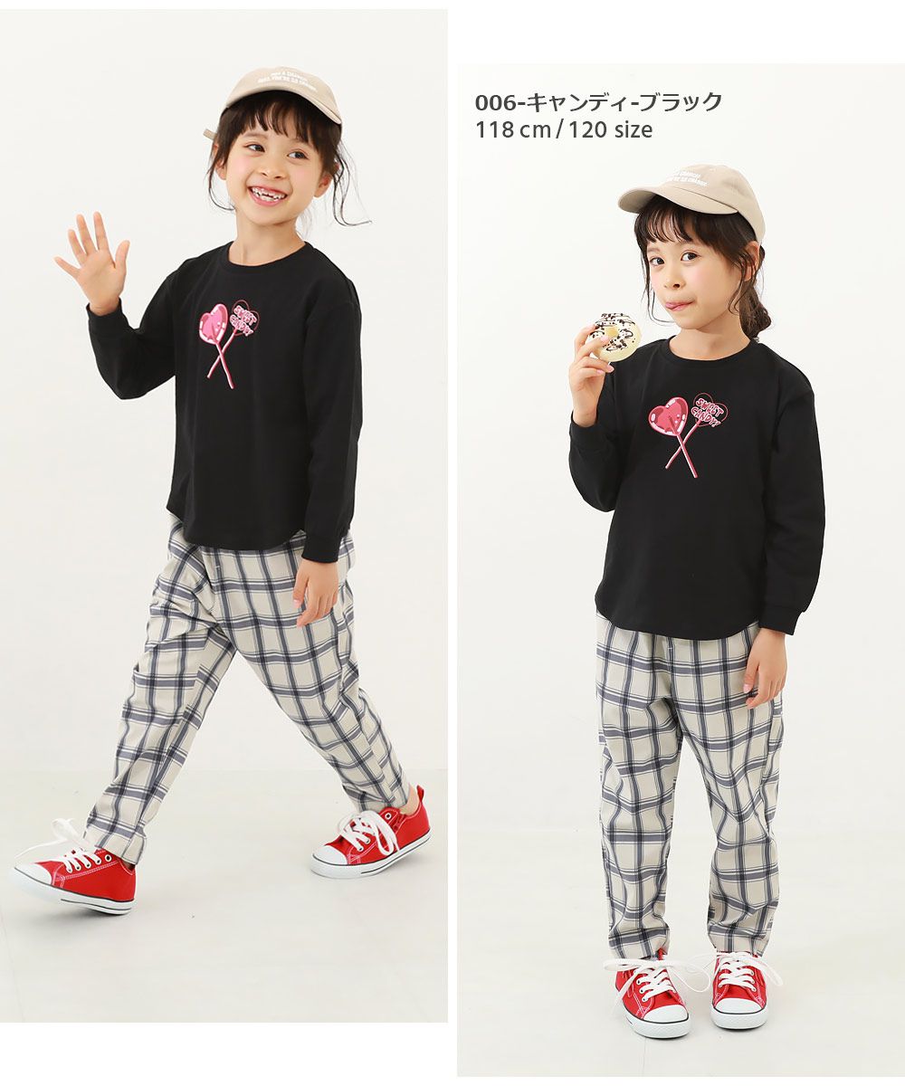 日本 devirock - 女孩百搭印花長袖上衣-愛心棒棒糖-黑