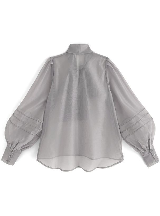 日本 GRL - 薄紗透感扭結氣球袖上衣-黑 (F)