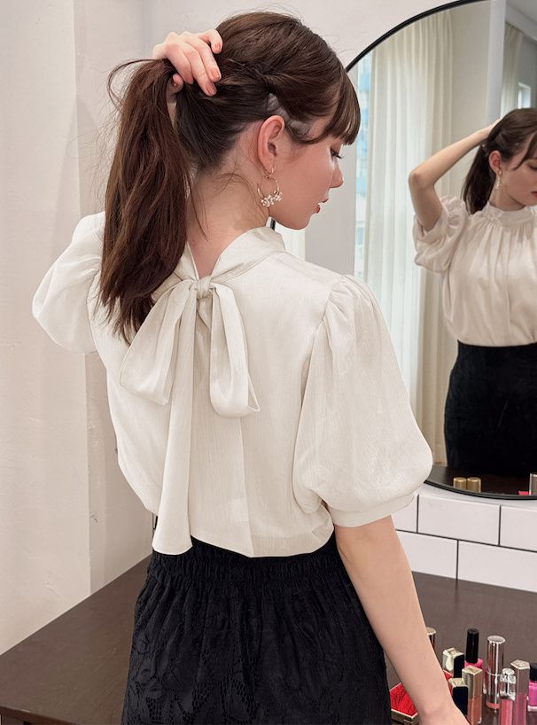 日本 GRL - 後綁帶柔美光澤雪紡泡泡袖上衣-香檳粉 (F)