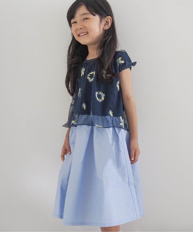 日本 apres les cours - 可愛檸檬刺繡分層短袖洋裝-海軍藍