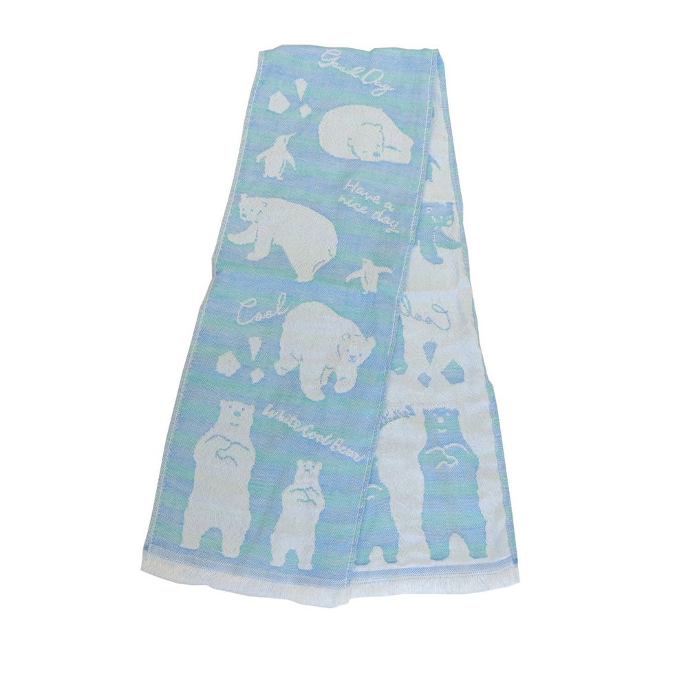 日本涼感雜貨 - 日本製 Eco de COOL 接觸冷感長毛巾-北極熊企鵝-水藍 (100x16cm)