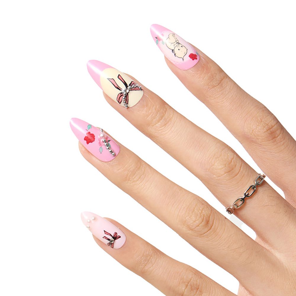 Onch x Q比聯名-珍珠Q比指甲穿戴甲-紅色蝴蝶結珍珠串粉美甲貼