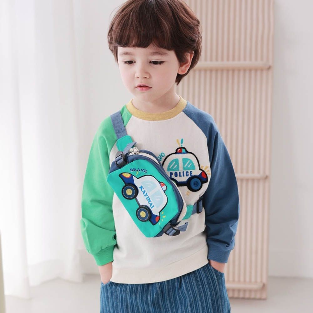 Coco rabbit (附包包)警察車車雙色長袖大學T-綠X藍