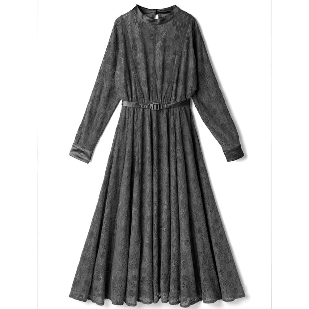 日本 GRL - 古典浪漫蕾絲長袖洋裝(附腰帶)-時尚黑