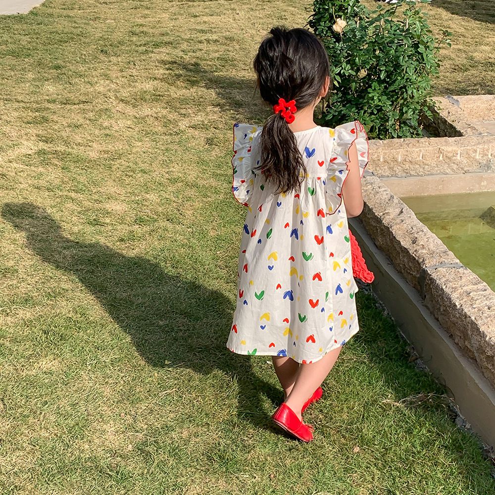 浪漫荷葉袖棉質連身洋裝-繽紛愛心-白色